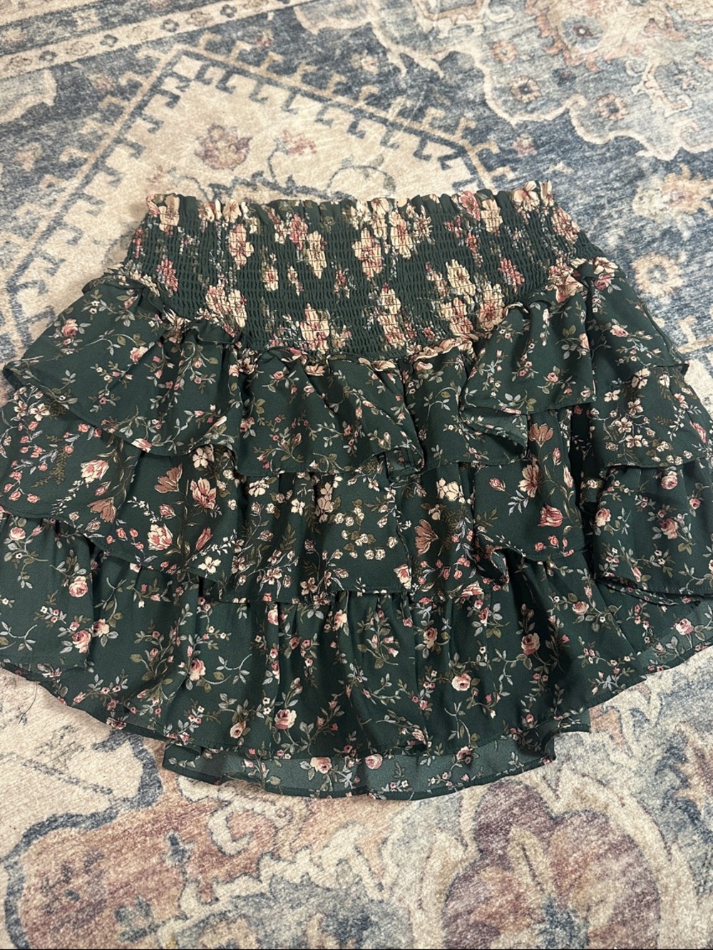 Altar'd State Dark Green Floral Smocked Ruffle Mini Skirt